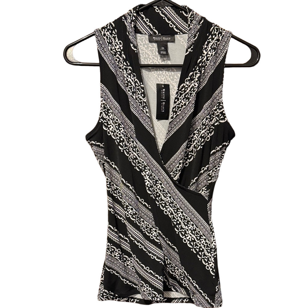 White House Black Market Black and White Sleeveless Crossover Blouse NWT